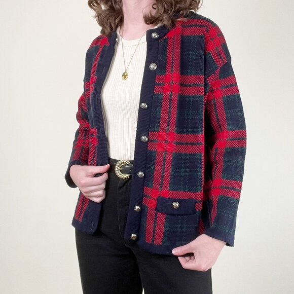 Vintage Scottish Wool Plaid Cardigan Sweater Oversized Tartan Holiday Christmas - Picture 9 of 9